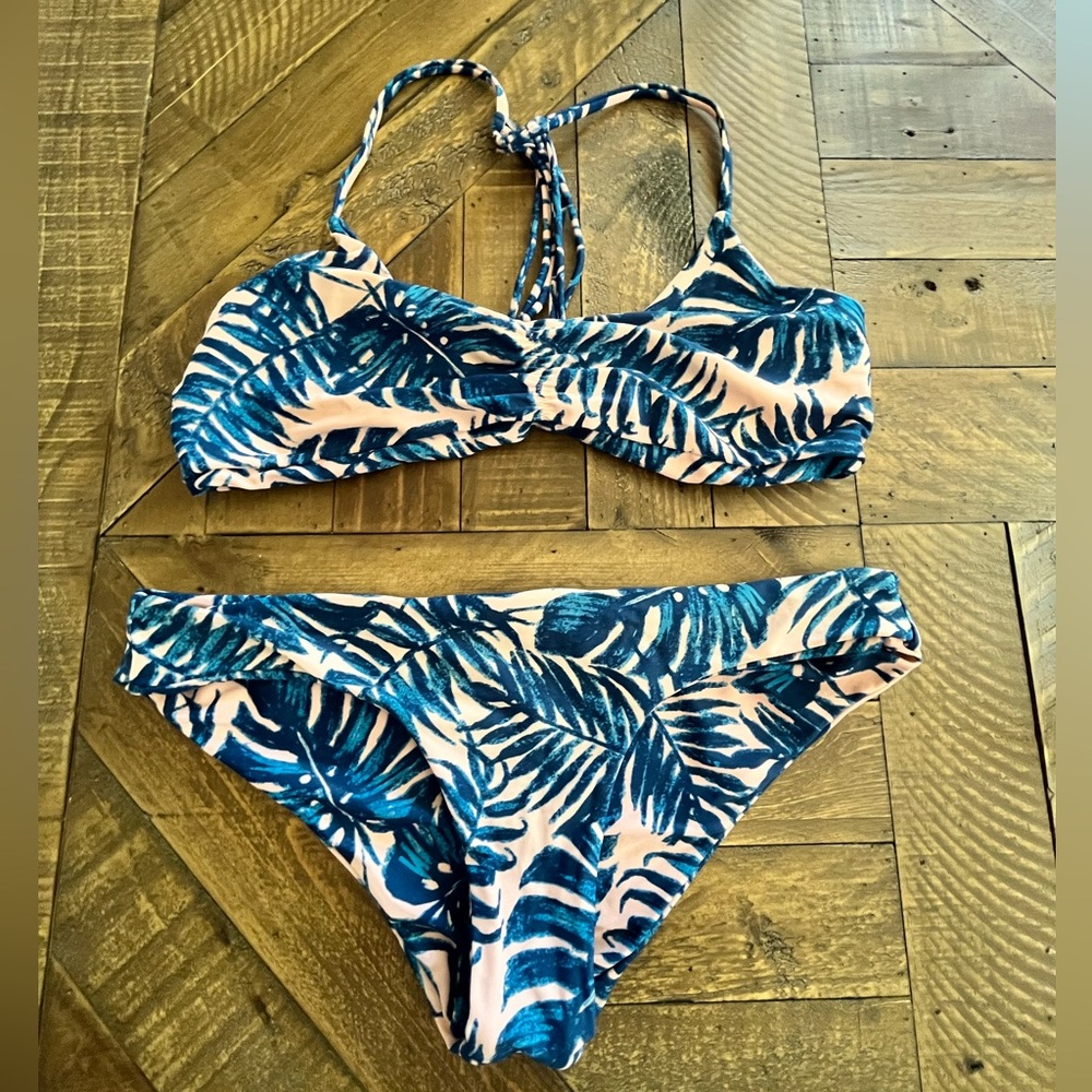 Tori Praver Seafoam Pink/Blue Palm Leaf Print Strappy Racer Back Bikini Set NWOT
